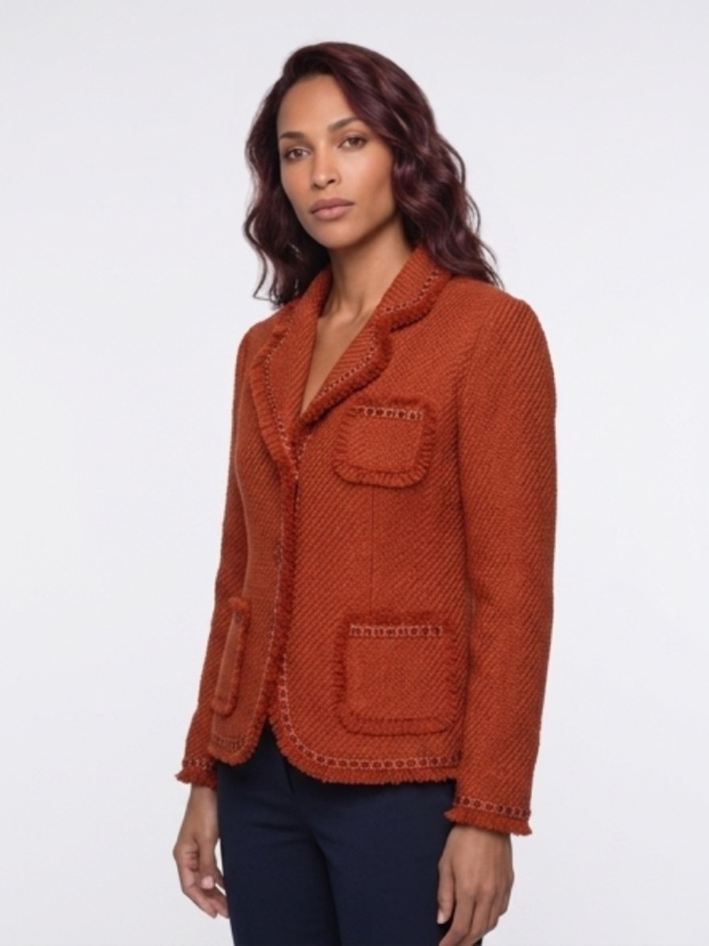 Dialogue Rust Orange Bouclé Blazer with Velvet Trim